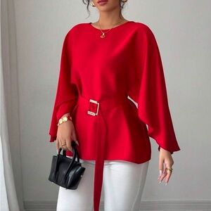 SHEIN Vibrant Red Belted Blouse